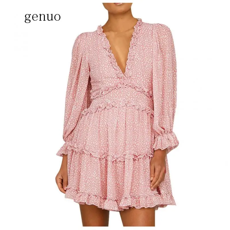 

Womens Chiffion Ruffles Long Sleeve Party Bodycon Slim Mini Dress