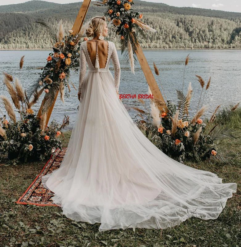 Пляжное свадебное платье из тюля кружевной лиф с длинным рукавом Бохо открытой