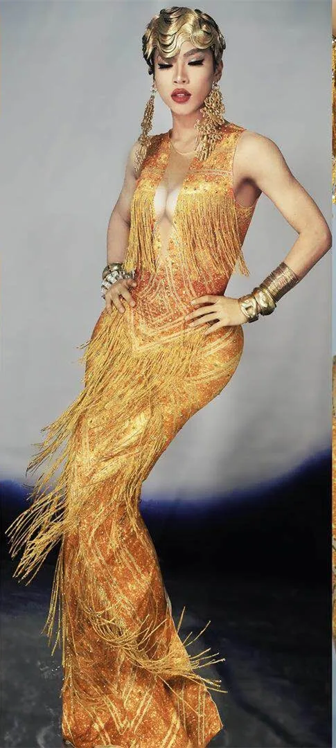 Золотое вечернее платье с кристаллами и кисточками сексуальное стразы для