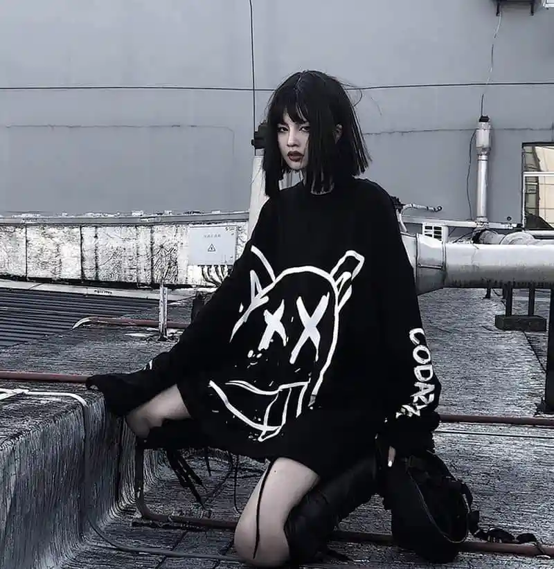 gothic sweatshirt Women korean oversized long sleeve t shirt hip hop punk streetwear girls tees Black Loose Long Sleeve T Shirt | Женская