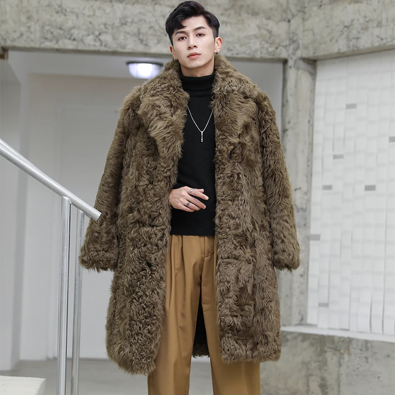 

New Winter Men's Real Sheep Fur Coat Long Design Wool Overcoat Men Thick Sheepskin Leather Jacket Sherling Male Outerwear