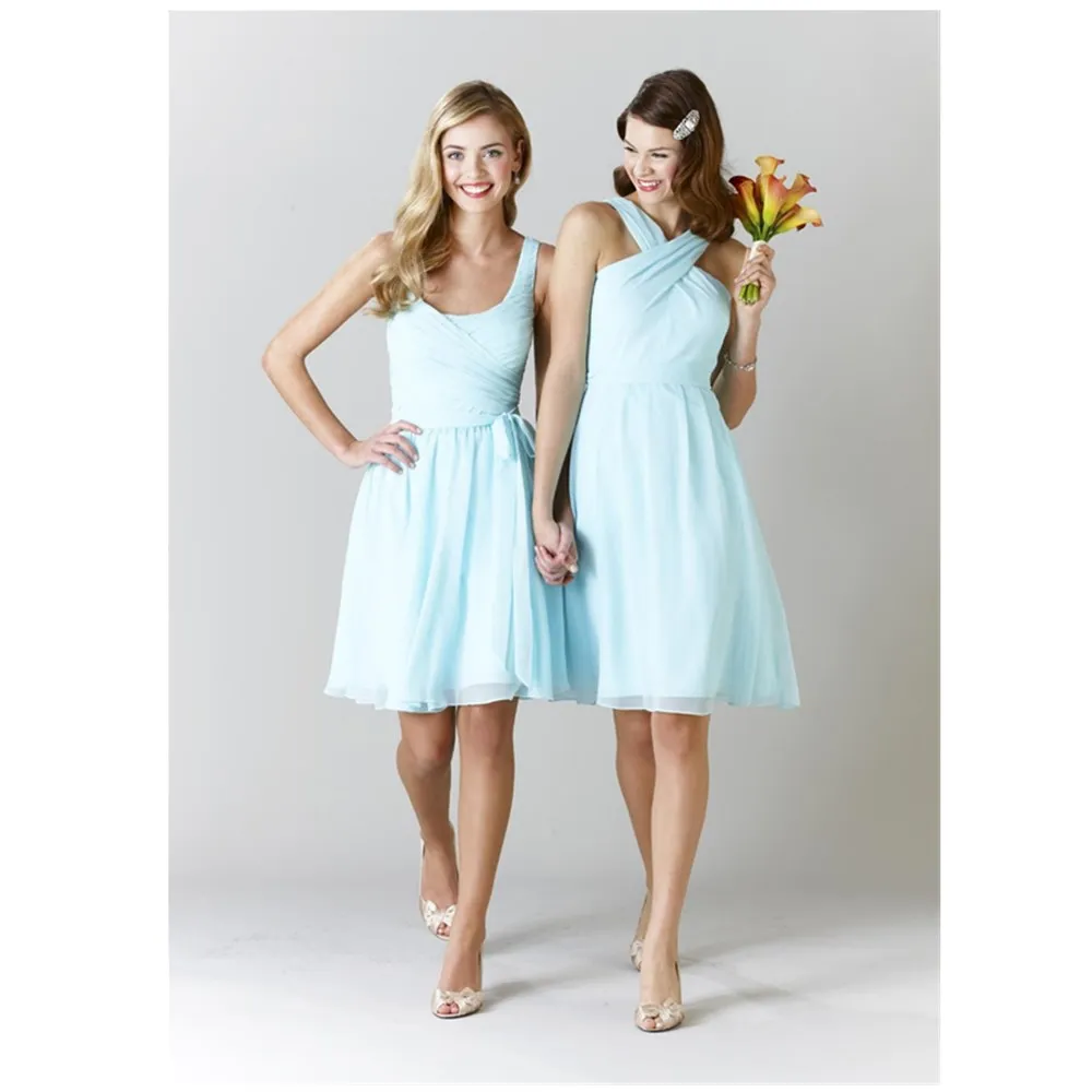 

Женское шифоновое платье с лямкой на шее, светло-голубое платье подружки невесты, трапециевидного силуэта, длиной до колен, для выпускного в...