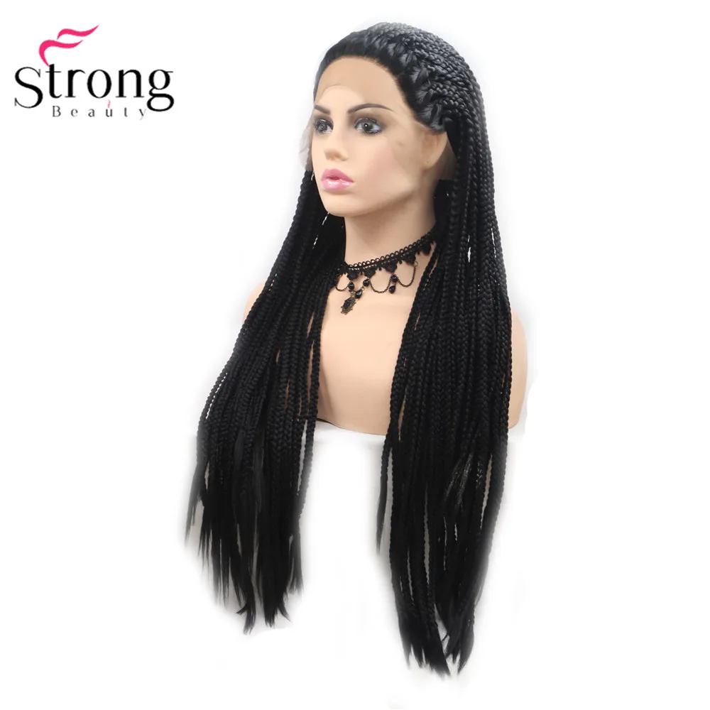 StrongBeauty коробка коса Кружева спереди длинный черный парик Омбре Синтетический Плетеный ящик косы парики для женщин