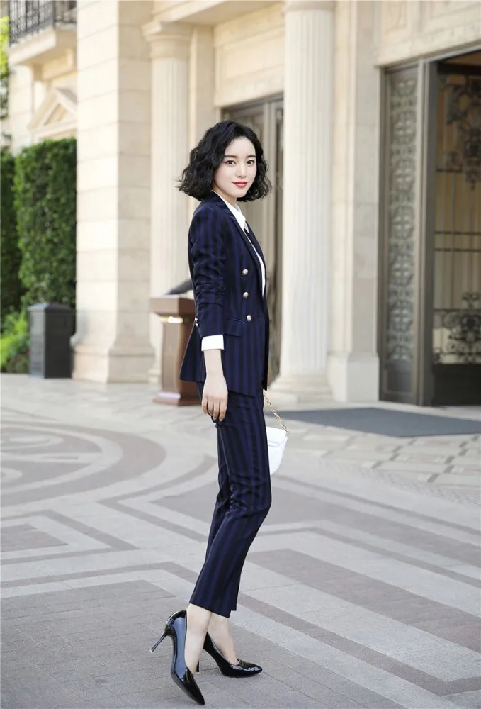 High Quality Fabric Novelty Wine Striped Women Business Suits with Pants and Blazer Coat Autumn Winter Professional Pantsuits