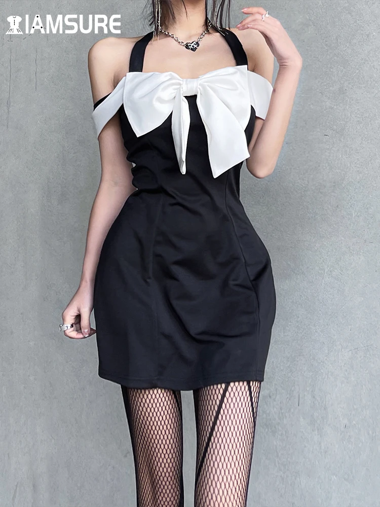 

Платье-трапеция IAMSURE с контрастным бантом и лямкой на шее, милые Сексуальные облегающие мини-платья без рукавов для женщин, летнее платье в К...