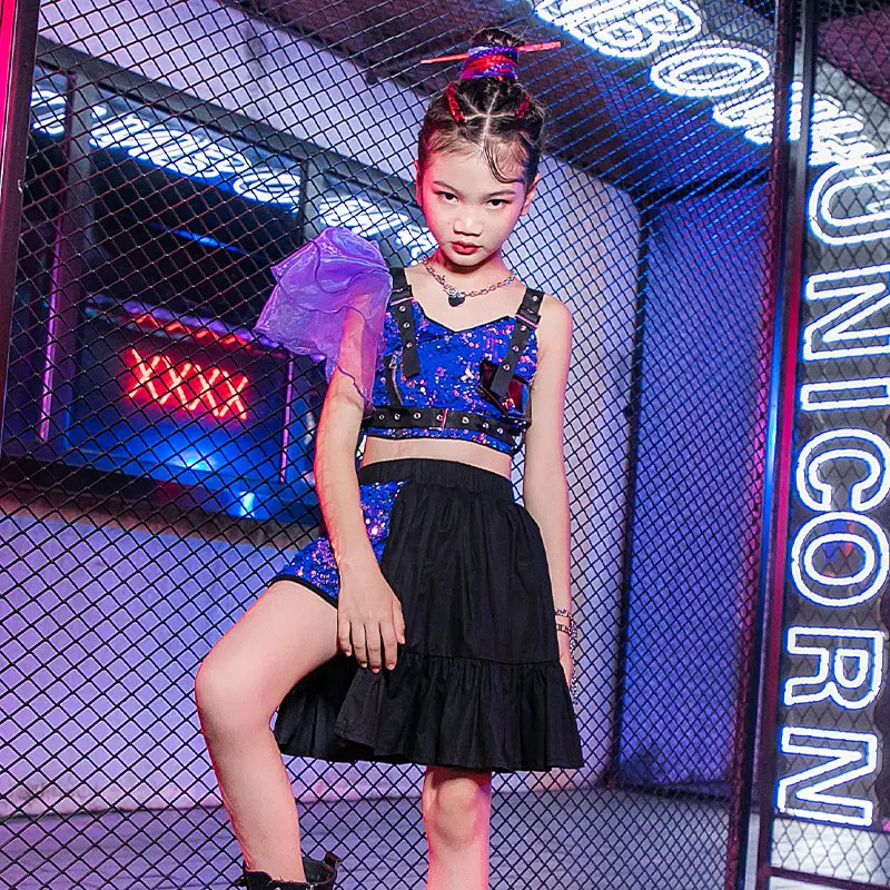 

New Girls Jazz Dance Costumes Sequin Tops Black Skirt Hip Hop Set Modern Street Dance Stage Performance/Practice Dress 120-160