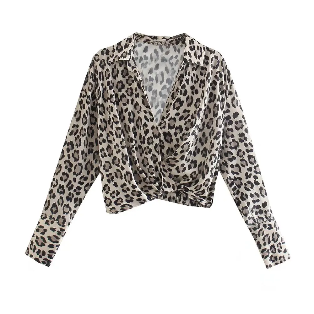 

Women Retro Leopard Print Crop Shirt 2021 Autumn Chic Female Shirt Tops