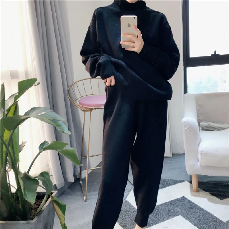 

Women's Limited Suit Knit Pullover Turtleneck Sweater And Casual Harem Pants Two-piece Women 2 Piece Set Arrival Full New 2020