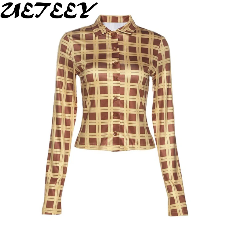 

Женская винтажная однобортная Приталенная футболка, Желтый Клетчатый топ с принтом, длинный праздничный уличный Топ y2k 90-х, осень 2021