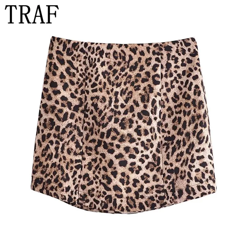 

TRAF 2021 Leopard Print Mini Skirt Women High Waist Winter Short Skirts Woman Asymmetric Vintage Skirt Fashion Sexy Skirt