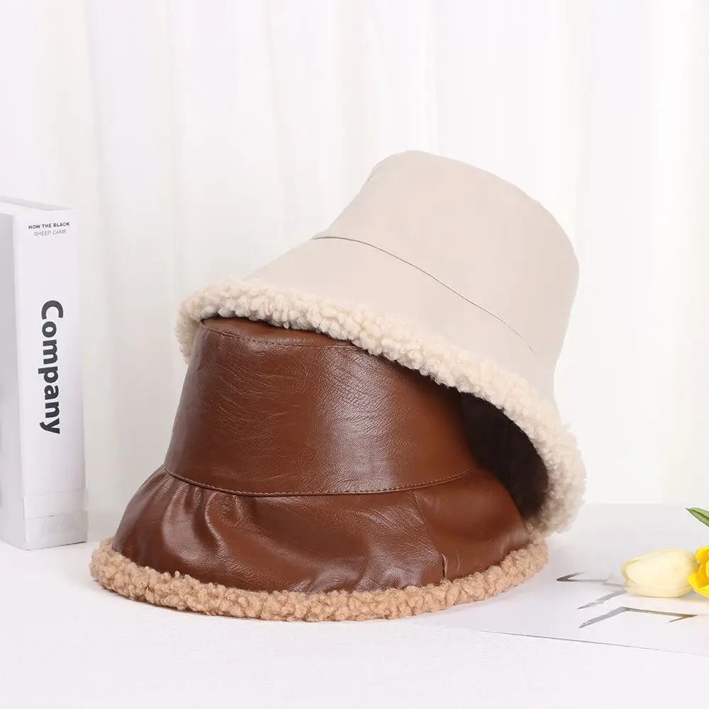 

Outdoor Sunscreen Casual PU leather Thick Warm Fisherman Cap Bucket Hat Sun Cap Panama Hat