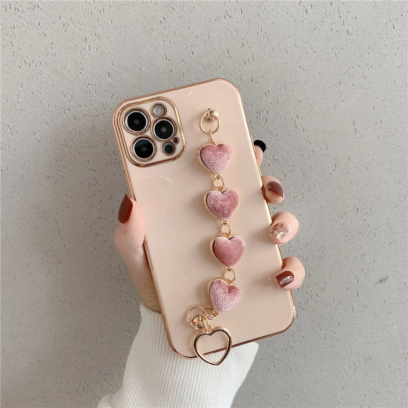 Heart plush Fabric Bracelet Hand Holder Electroplated case For iphone 12 12Pro Max 11 11Pro X XR Xs max 7 8Plus Protective case