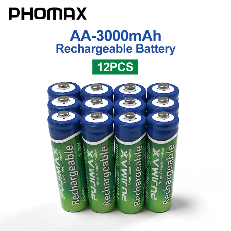 PHOMAX 12 шт. AA Аккумуляторная батарея 1 2 В 3000 мАч предварительно Заряженная Ni-MH для