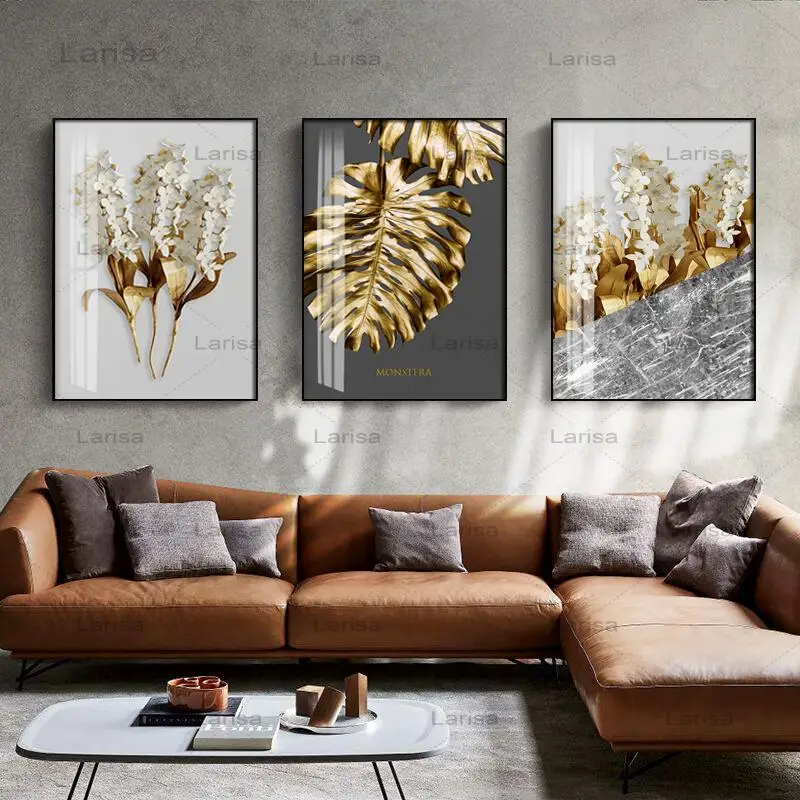

Nordic Modern Abstract Painting Golden Leaf flower Canvas Wall Art Poster Black White Feathers Picture For Living Room Decor