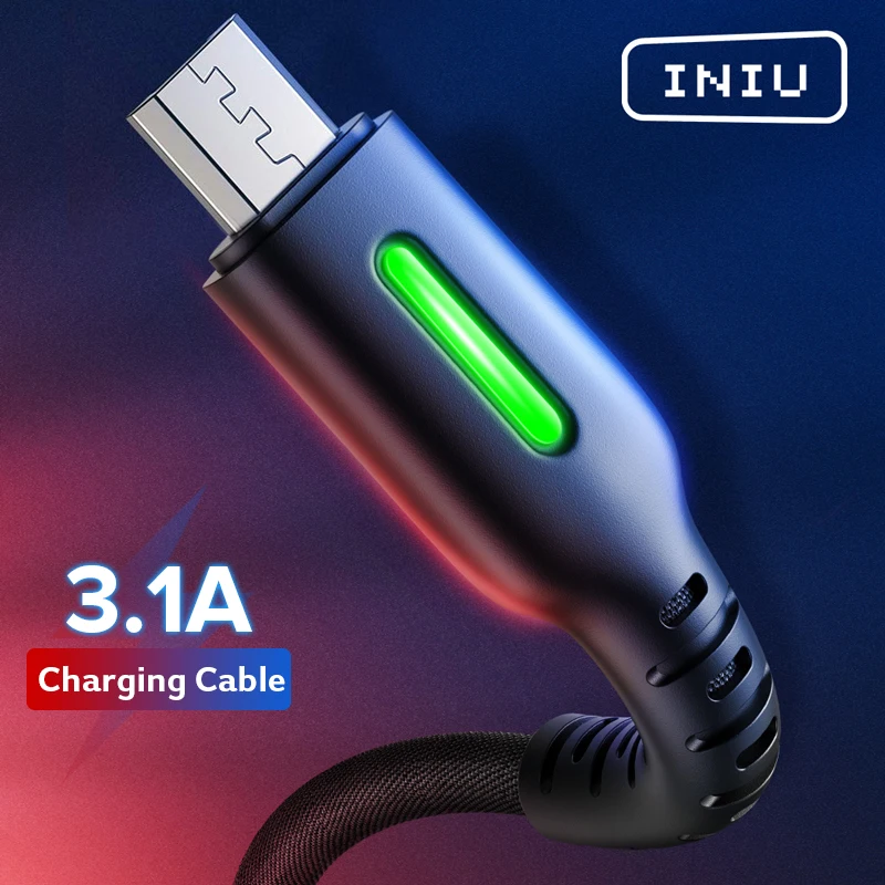 Кабель INIU 3 0 А USB Type C Micro QC светодиодный для быстрой зарядки и передачи данных