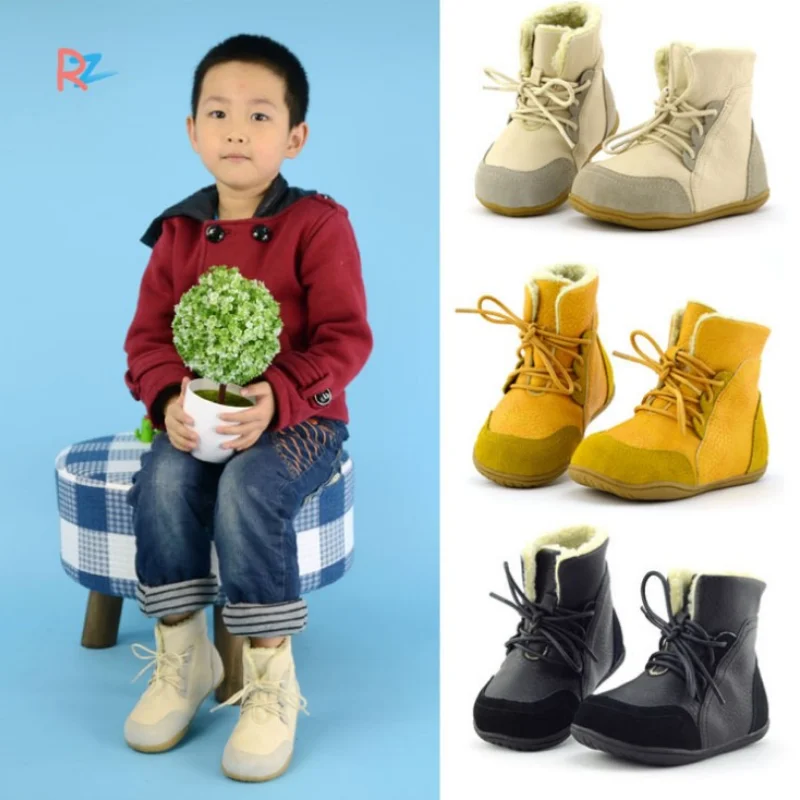 

2021leather Child Slip-resistant Female Snow Boots Child Boots Male Medium-leg Child Cotton-padded Shoes Kids Shoes