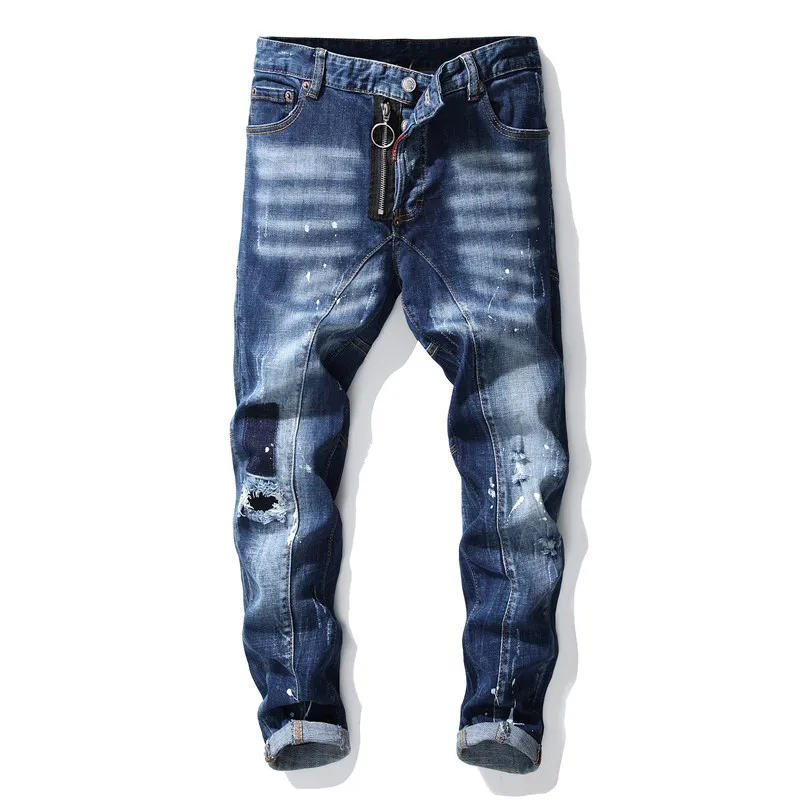 

CNUUIKOOEK Men's New Style Tattered Paint Splattered Joint Slim Fit Jeans Straight-leg Pants