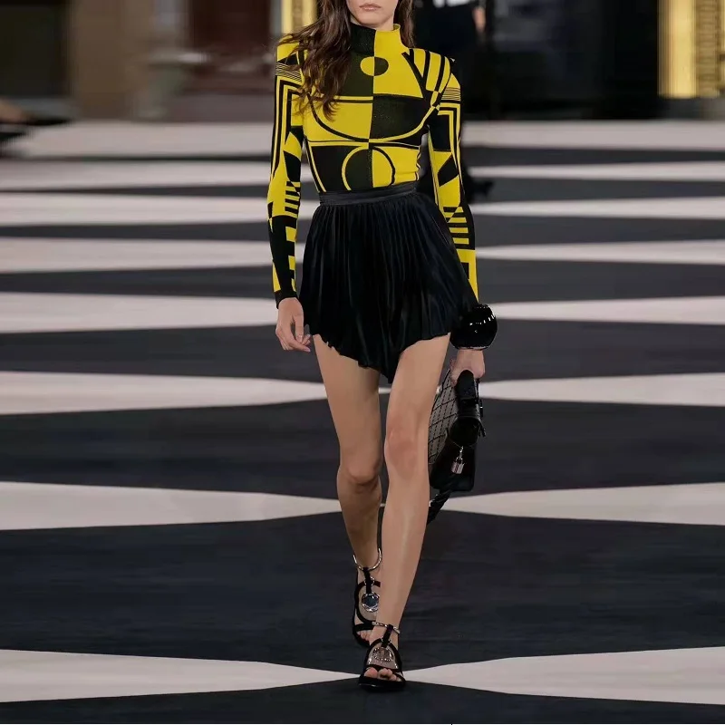 Женское жаккардовое платье с длинным рукавом Бандажное желтое и черное