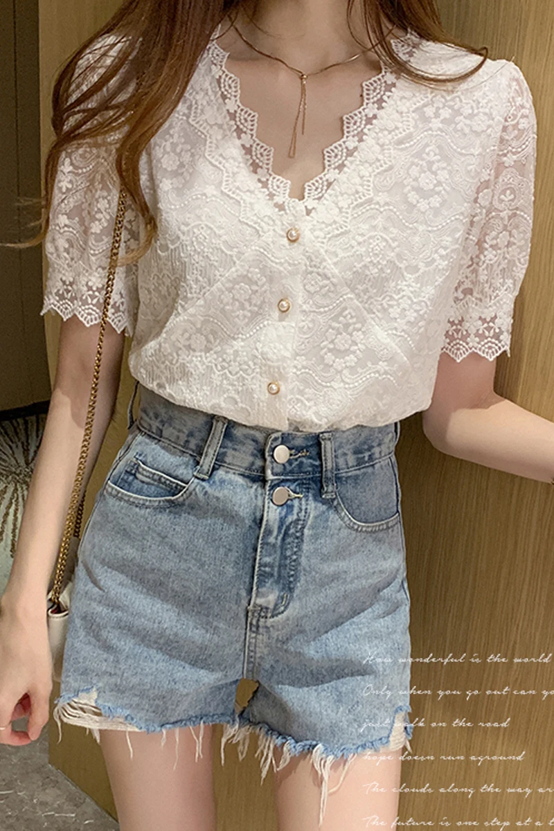 

Elegant New Summer Lace Blouse Shirts Women Fashion Chic V Neck Short Sleeve Hook Flower Hollow Out Chiffon Clothing for Female
