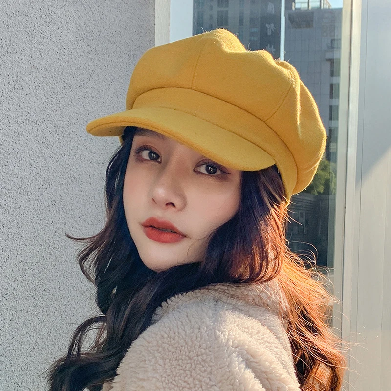 

Winter Solid Color Simple Fashion Octagonal Hat For Woman Female Thickened Warm Beret Painter Designer Cap 2021