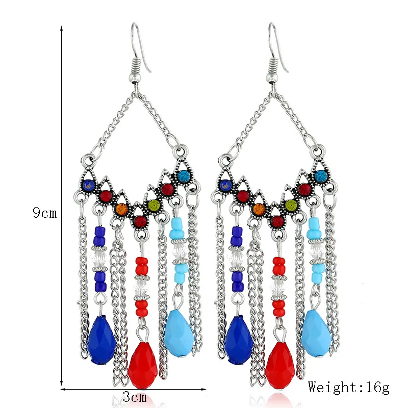 

Ladies Fashion Handmade Crystal Beads Bohemian Retro Tassel Earrings Long Alloy Diamond Multicolor Rice Bead Earrings Earrings