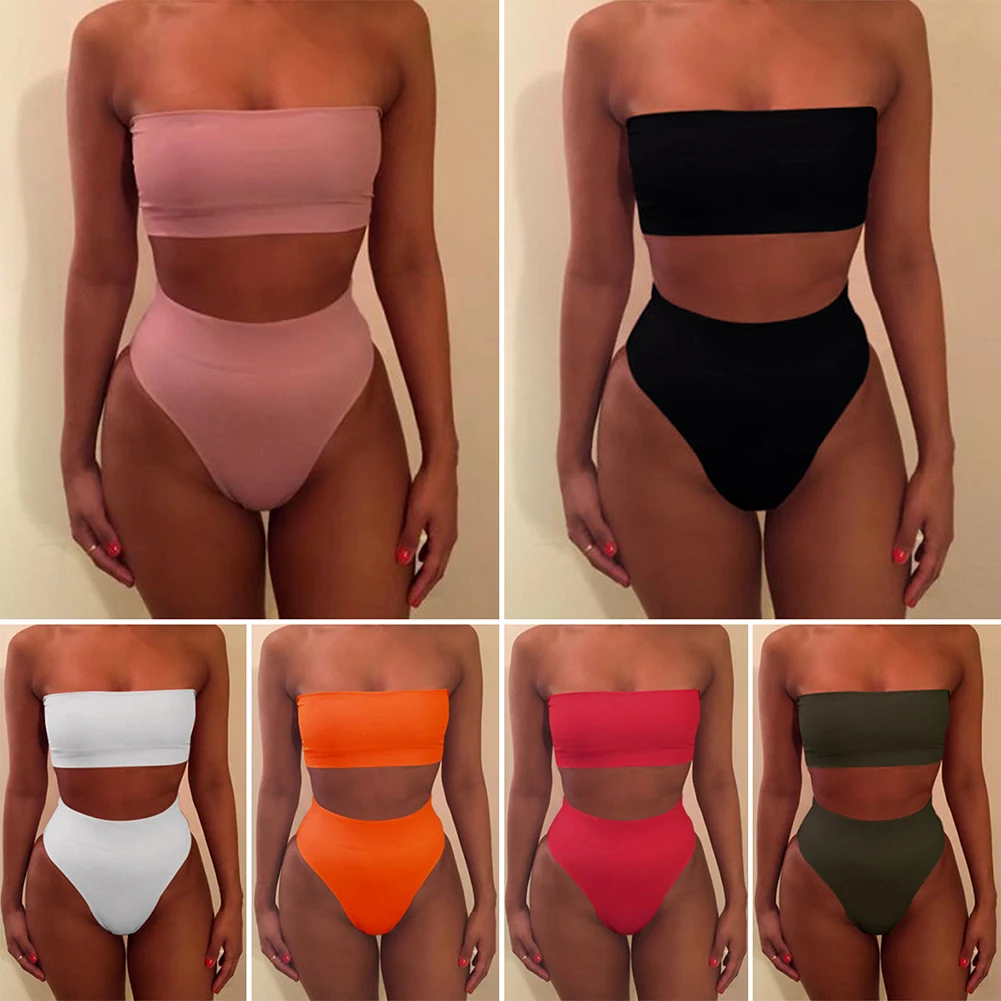 

Solid Sexy Bikini Set Two-Piece Women High Waist Bandeau Bathing Suit Swimwear Female Beach Wear Swimsuit