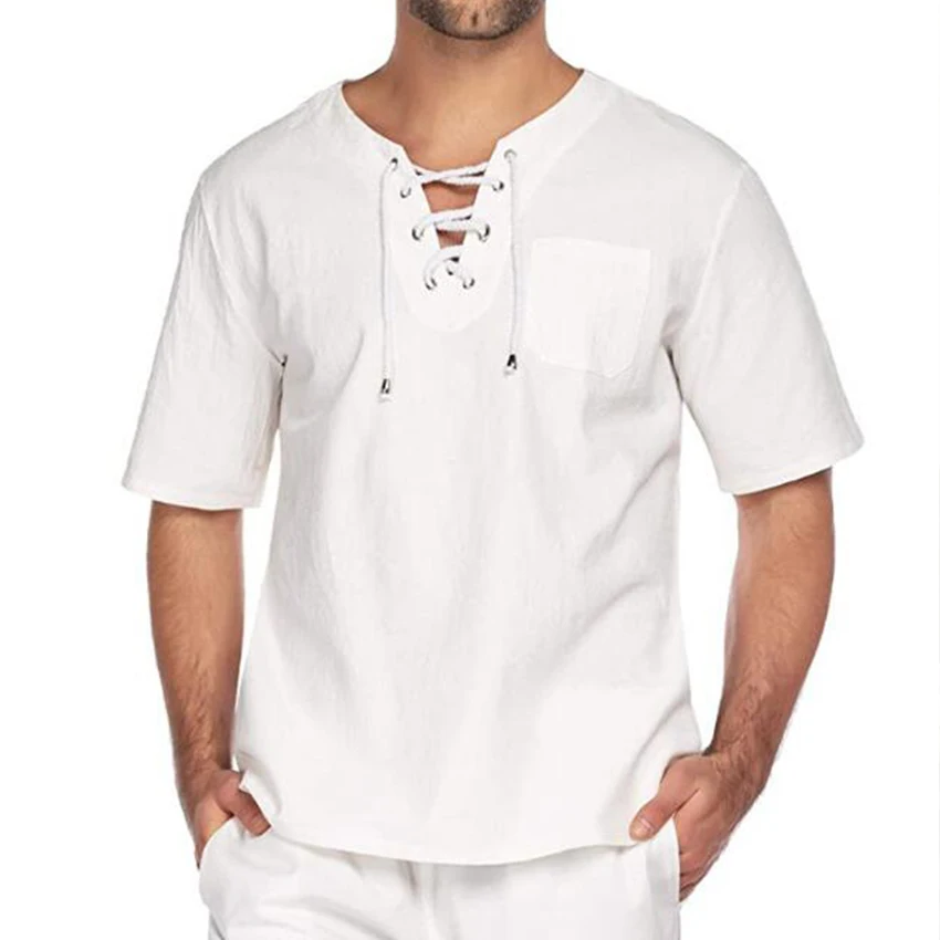 

Новый модный костюм для косплея в средневековом стиле для мужчин, повседневная однотонная хлопковая футболка с коротким рукавом и V-образны...