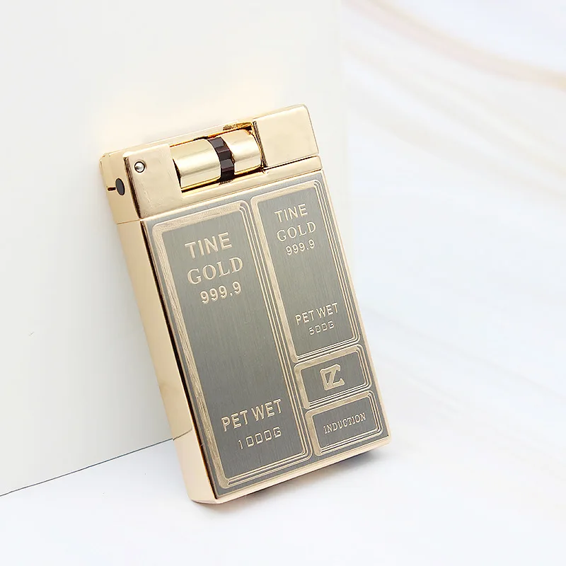 Gold brick Высококлассный Роскошный металлический фонарь-зажигалка с золотым кирпичом, турбо-шлифовальный круг, газовые зажигалки с бутаном, кремень, надувная бензиновая масляная зажигалка - Цвет: Gold brick