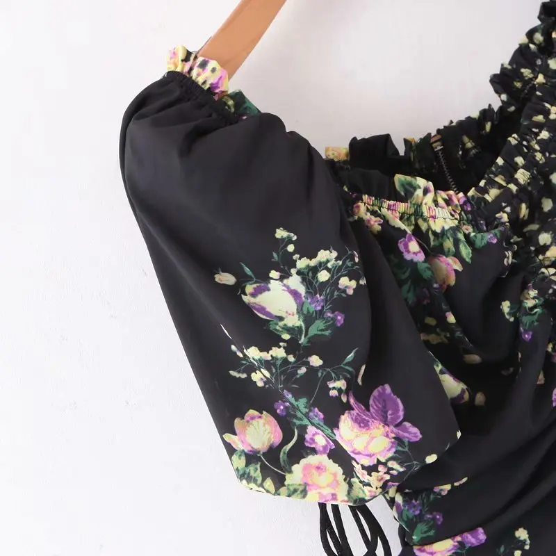 Черная Женская блузка с пышными рукавами шифоновая коротким рукавом Корейская