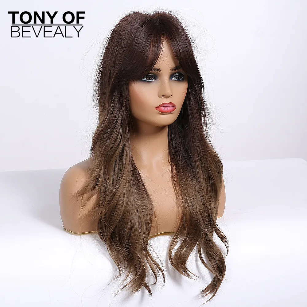 Длинные волнистые синтетические парики Омбре коричневого цвета с челкой
