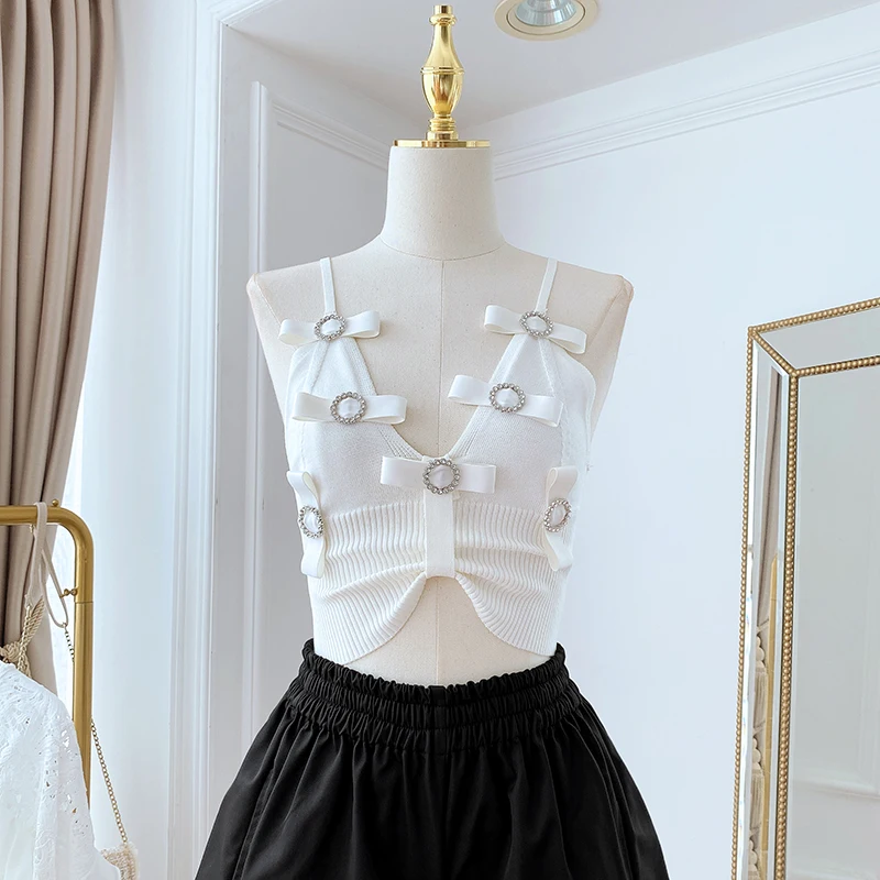 Sexy Bow Light Diamond Camisole for Women New Summer Fashion Short Sling Elastic Slim Fit Slimming Knitted Vest Solid Colour Top
