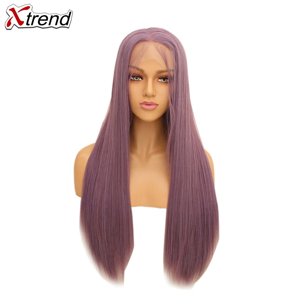 Xtrend прямой синтетический парик фронта шнурка белый розовый, фиолетовый, зеленый блонд 613 серый 60 медные парики для черных женщин термостойкие - Цвет: Purple