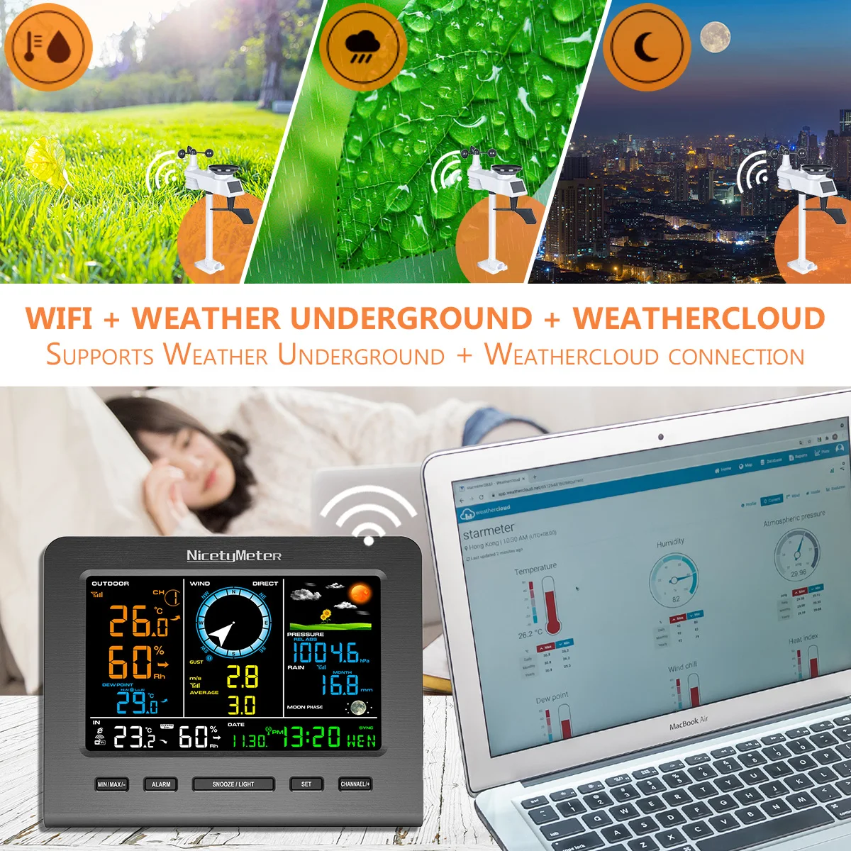 Internet Wireless Weather Station Forecast Temperature Pressure Humidity Wind Gauge Rain Moon Phrase Alarm Clock | Инструменты