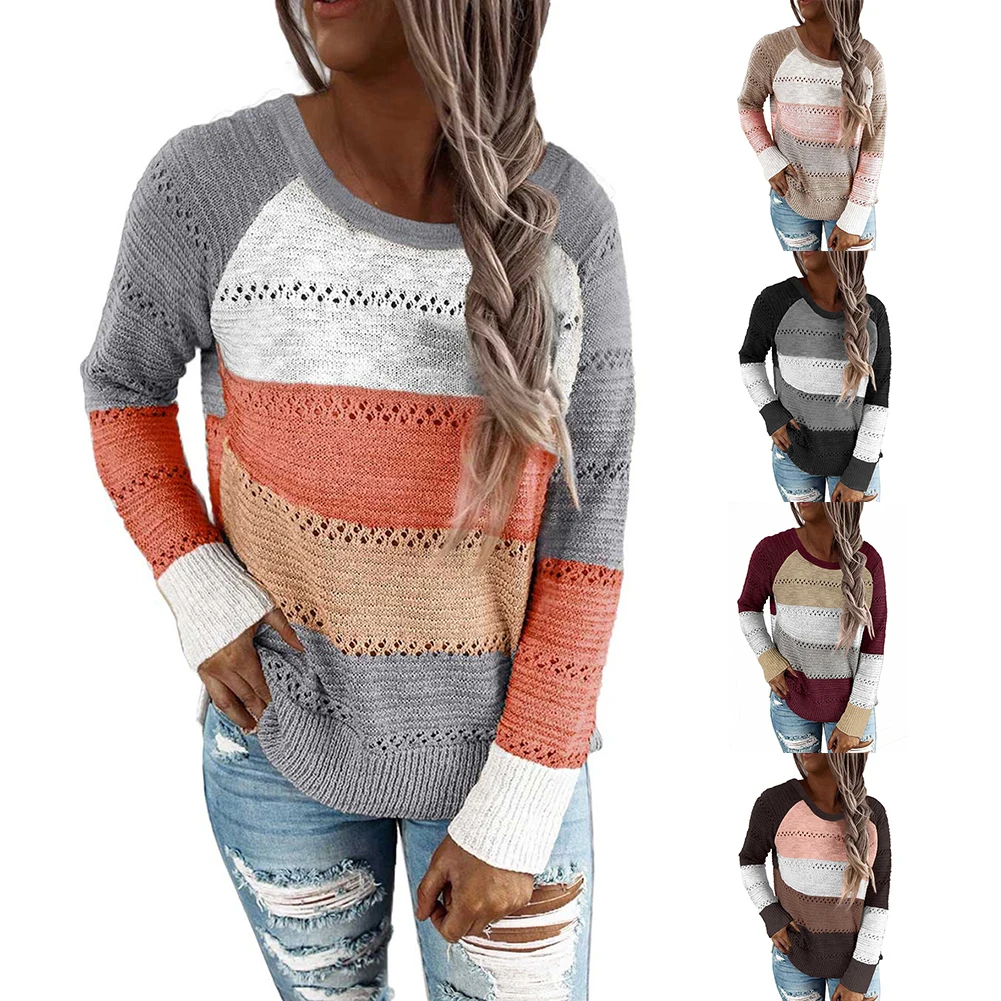 

woman sweaters Autumn Winter Long Sleeve Color Block Knitted Sweater Hollow Out woman sweaters mujer suteres