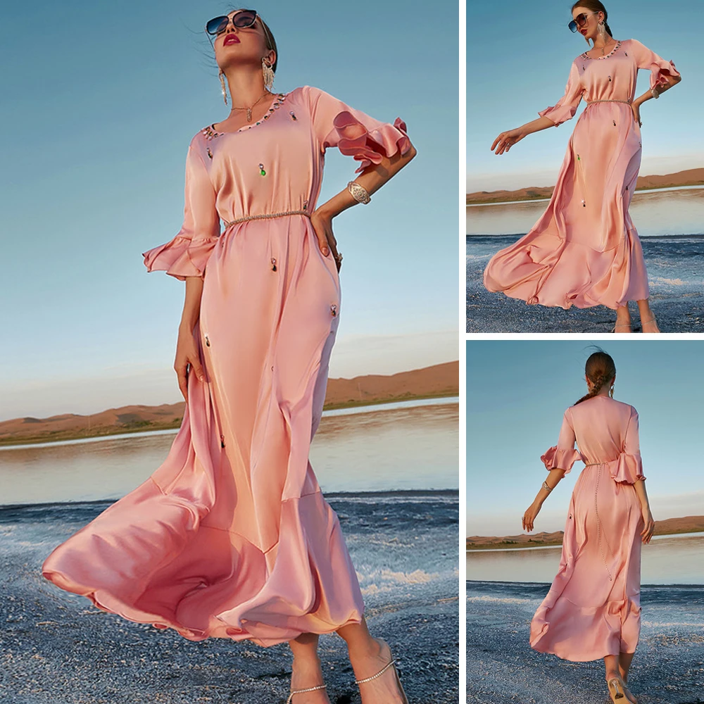 

Женское атласное платье Макси Стразы, роскошное вечернее свадебное женское платье, исламское арабское мусульманское платье макси, платье с...