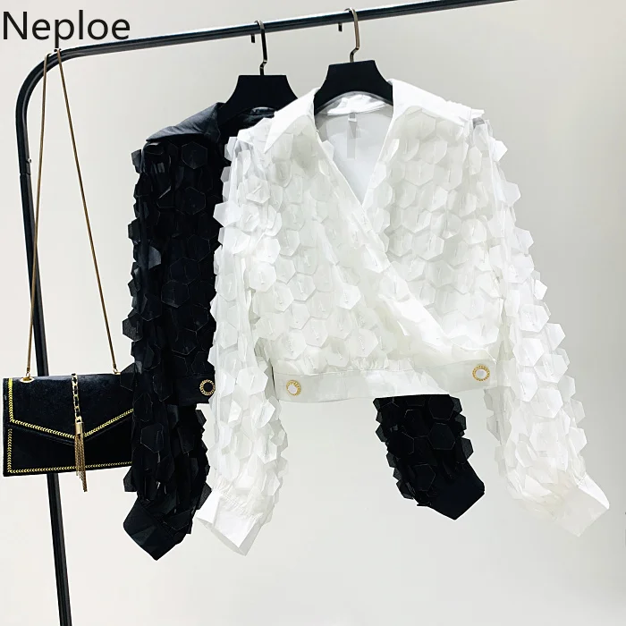 Neploe, женская шифоновая блузка, 3D цветок, Pullo0ver, рубашка, осень, длинный рукав, отложной воротник, топы, французская уличная блуза 55742
