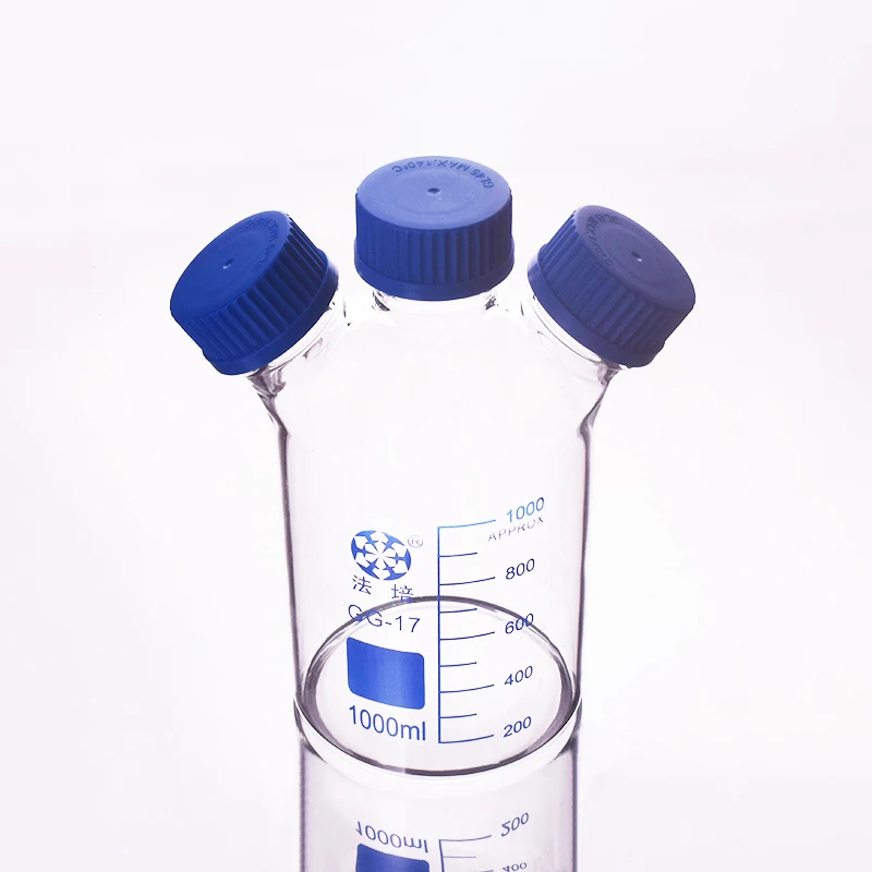garrafa do reagente de fapei com 3 tampas azuis do parafuso vidro de borosilicate