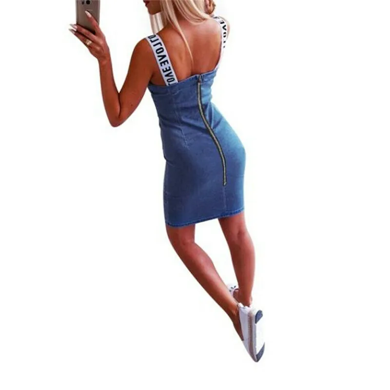 Джинсовое сексуальное облегающее летнее платье без бретелек с буквенным принтом