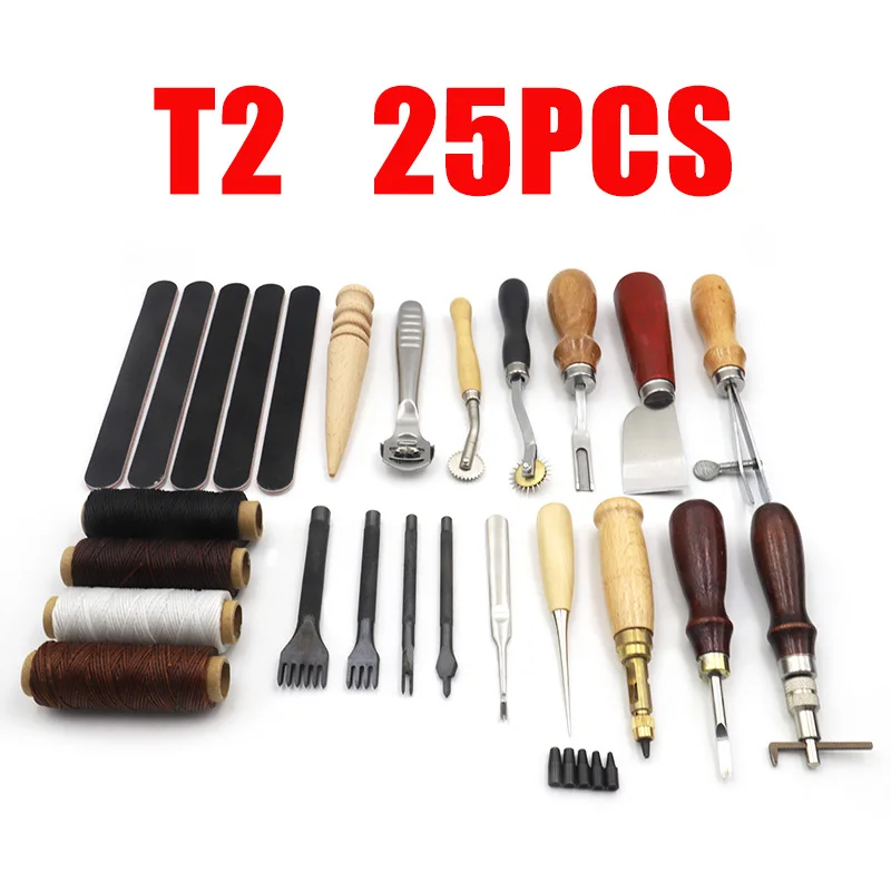 T2 leather tool set QJH профессиональный ручной работы набор инструментов для рукоделия из кожи набор ниток шило вощеный наперсток набор для ручного шитья штамповка DIY Набор инструментов - Цвет: T2 leather tool set