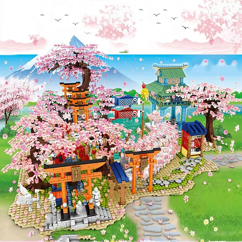 

SEMBO City Street View Japanese Cherry Blossoms Tunnel Model Building Blocks Creator Sakura Tree House Bricks Toys For Children