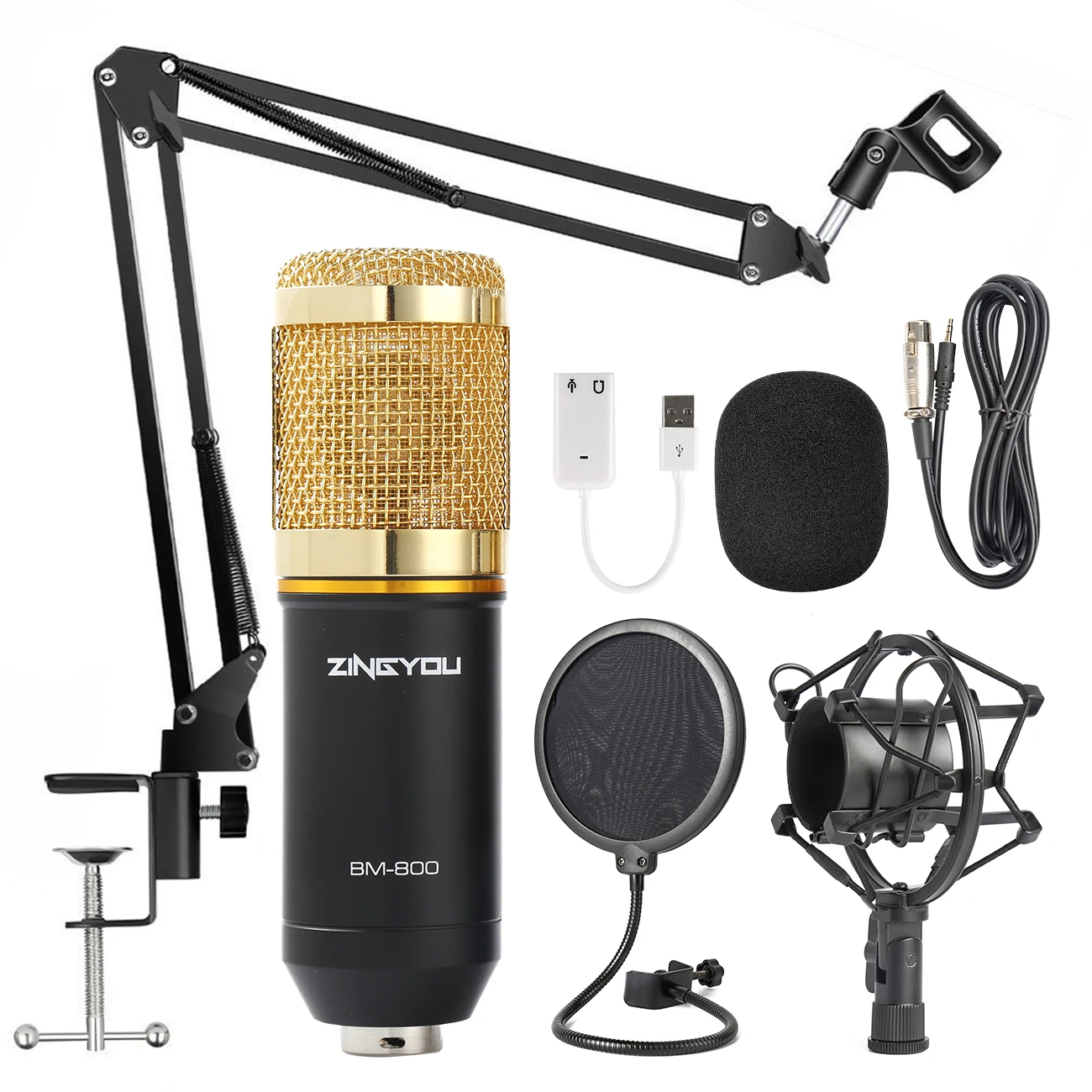 gold black ZINGYOU BM 800 Studio Microphone Multifunctional Wired Cardioid Mic For Sound Recording Professional Condenser bm800 Microphone - Цвет: gold black