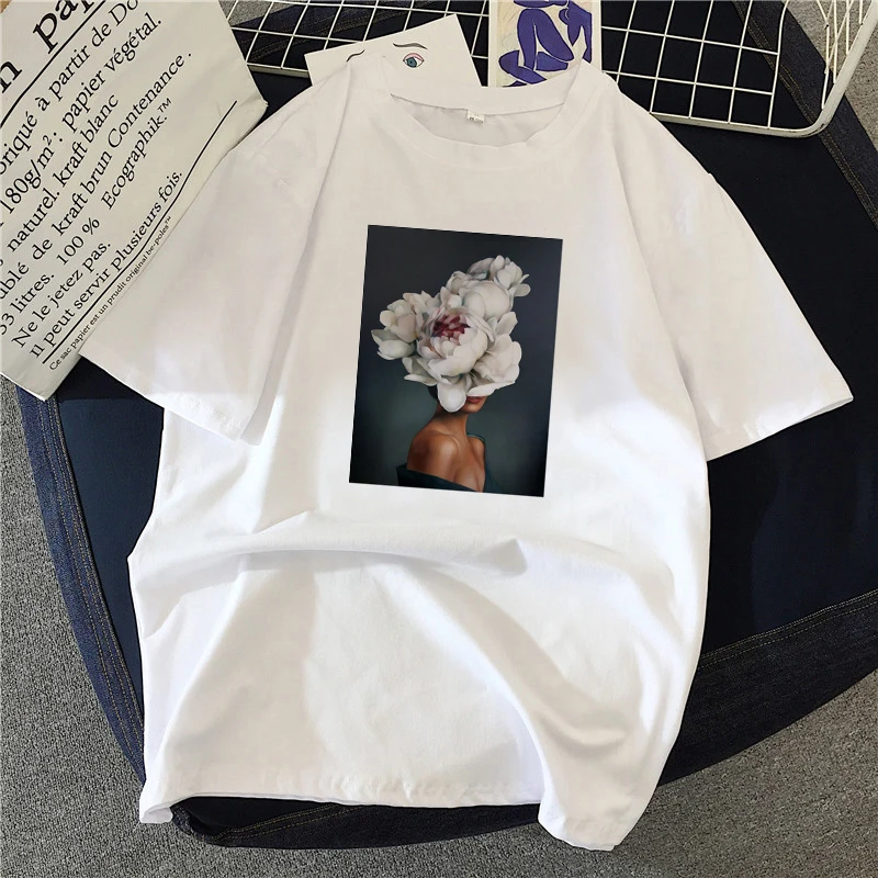 

Harajuku sexy beautiful flowers printed T shirt Women's casual T-shirt fashion Korean trend white top female Tshirt