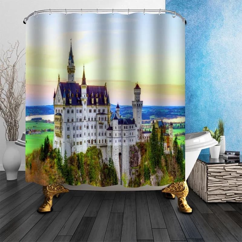 

New Neuschwanstein Castle Shower Curtain Modern Style Set Hook Natural Landscape Home Decoration Bathroom Curtains Frabic Print