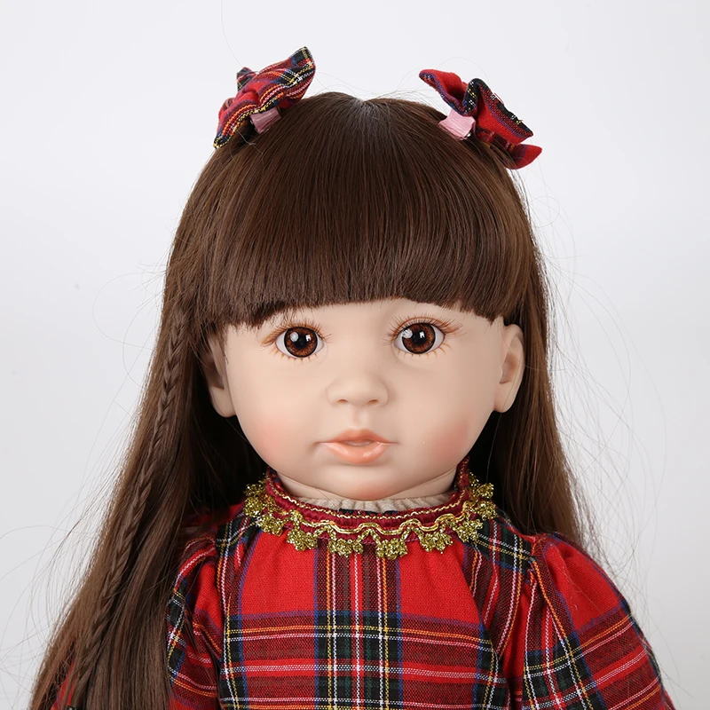 

55cm Bebe Reborn Doll Silicone Cloth Body Real Baby Girl Long Hair Princess with Red Plaid Skirt Toys for Girls Kids Toys