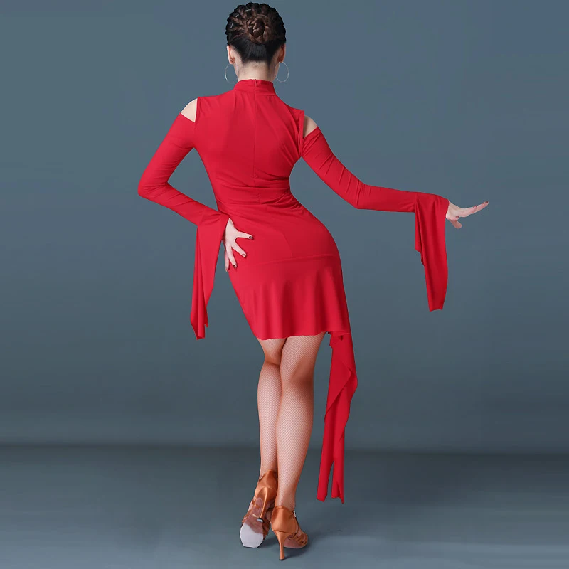 

2020 Latin Dance Costume Ladies Red Dress Slim Fit Long Sleeved Practice Dress Cha-Cha Bullfight Flamenco Performance Costume