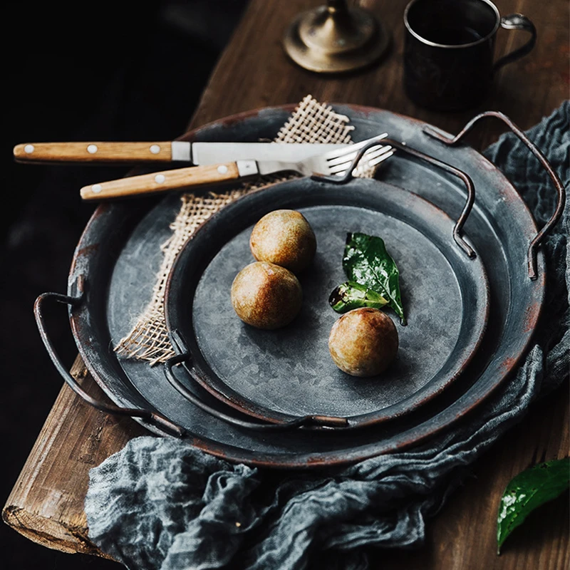 Металлический поднос с ручками для украшения хлеба в стиле ретро десерта ручной