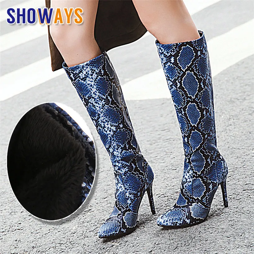 Зимние женские сапоги до колена привлекательные синие красные серые Из