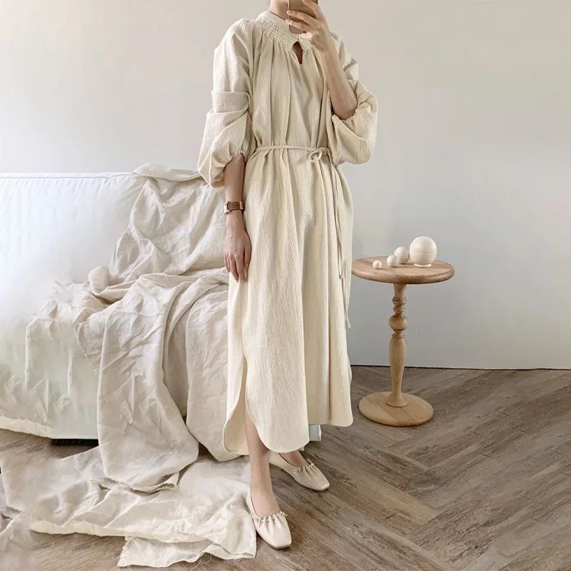 

Long Lantern Sleeve Women's Dress Casual O-Neck Button Lace Up Pocket Split Solid Mid-calf Dresses Simple Streetwear Spring 2021