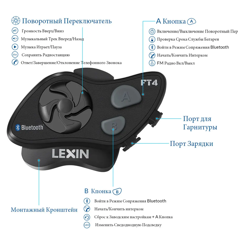 LEXIN FT4 2pcs Motorcycle 4-Way Bluetooth Conference Intercom Headset BT Intephones with FM Radio Trim Light Design