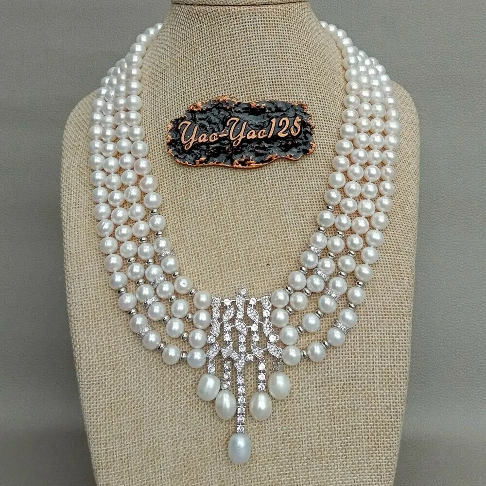 Женские 18 &quot4 нити культивированный белый жемчуг себе ожерелье CZ кулон|Цепочки| |